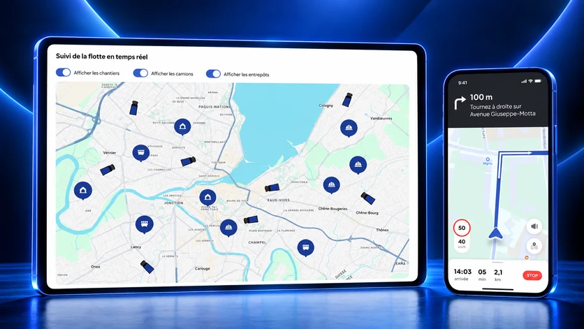 Visuel Nereva : carte Suivi de la flotte en temps réel avec les chantiers, les camions et les entrepôts, et navigation chauffeur sur téléphone