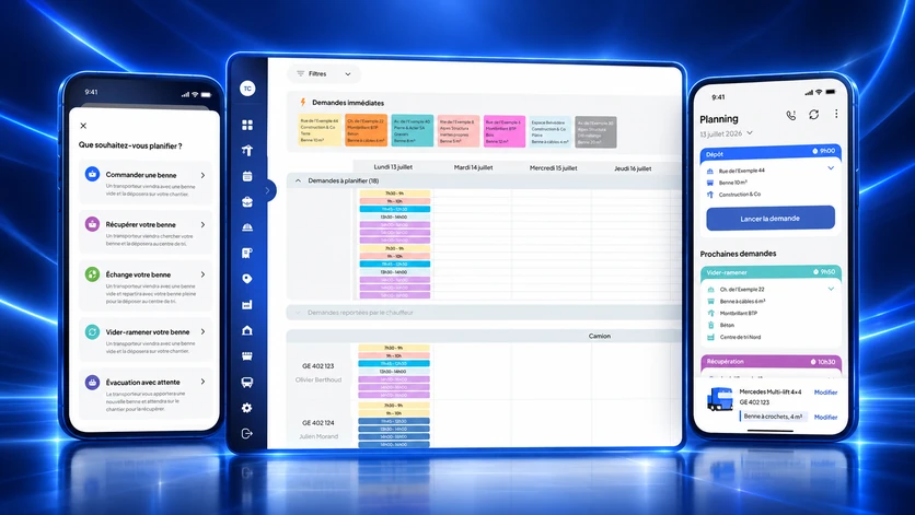 Nereva visual: Nereva Commandes request type screen, transport back-office planning and driver app daily planning