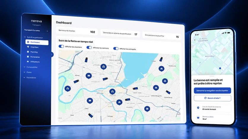 Nereva-Visual: Transport-Dashboard mit Flottenverfolgung in Echtzeit und Fahrer-App, Mulde voll und abholbereit