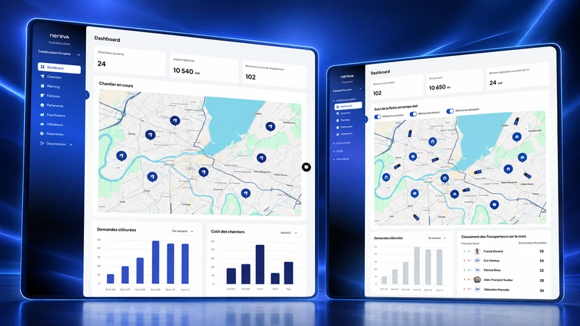 Nereva-Visual: Construction-Dashboard und Transport-Dashboard nebeneinander auf zwei Tablets