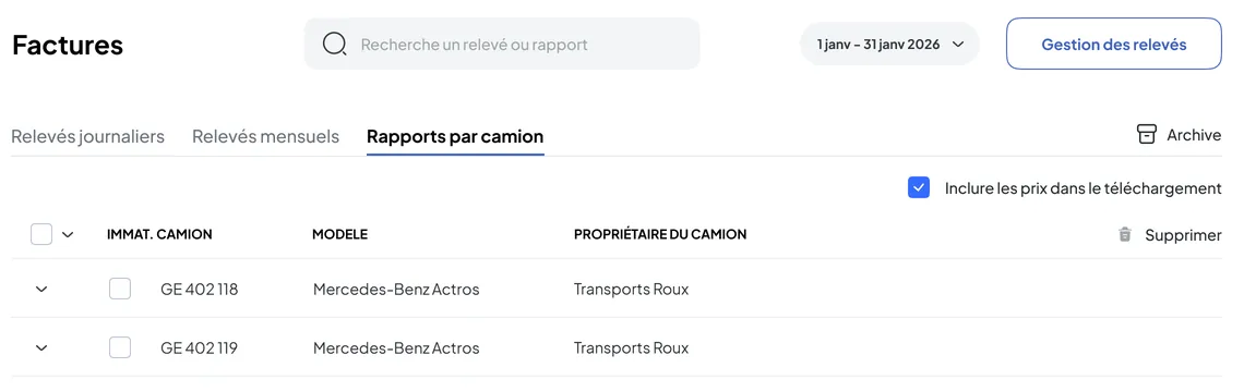 Invoices module of the Nereva Transport back office, Reports per truck tab: list of trucks and option to include prices in the download
