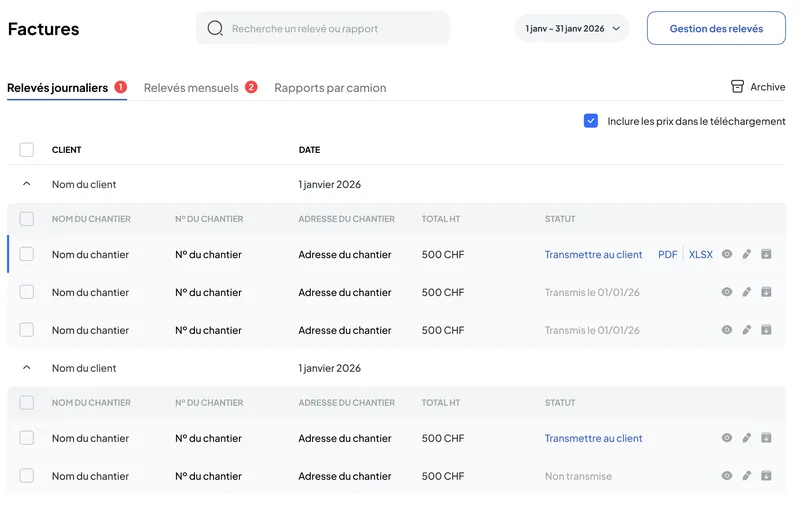 Module Factures du Back-office Transport Nereva : relevés journaliers par chantier et par client, avec leur statut de transmission (données fictives)