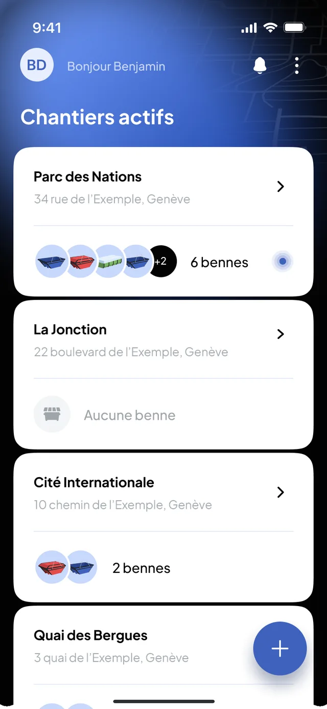 Nereva Commandes : les chantiers actifs de l’utilisateur, Parc des Nations, La Jonction, Cité Internationale, avec le nombre de bennes présentes sur chacun