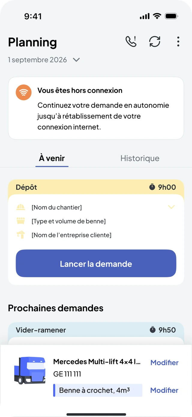 Nereva Transports, driver’s schedule: banner “You are offline. Continue your request autonomously until your internet connection is restored”, 9:00 Drop-off mission to start