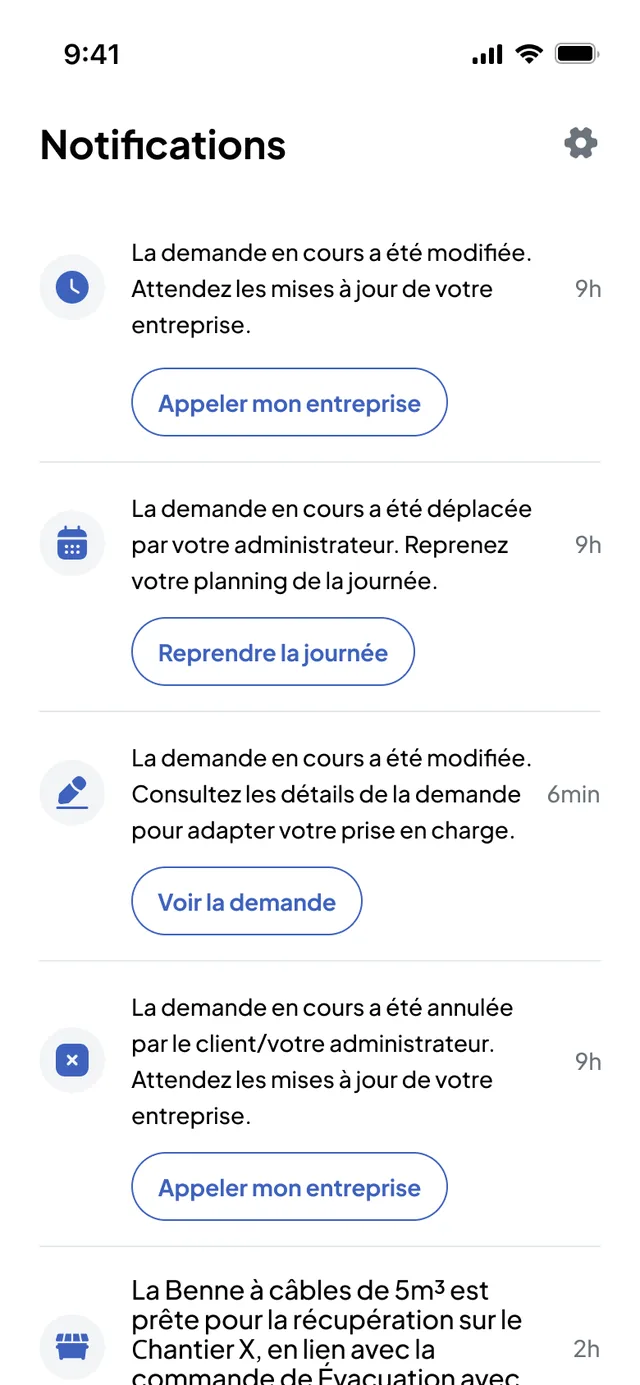 Nereva Transports: the driver’s notifications, current request changed, moved by the administrator, cancelled by the client or the administrator, cable skip ready for collection