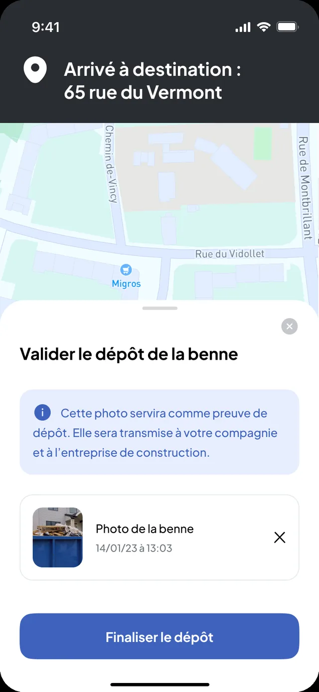 Nereva Transports driver app: arrival at destination and validation of the skip drop-off with the proof photo