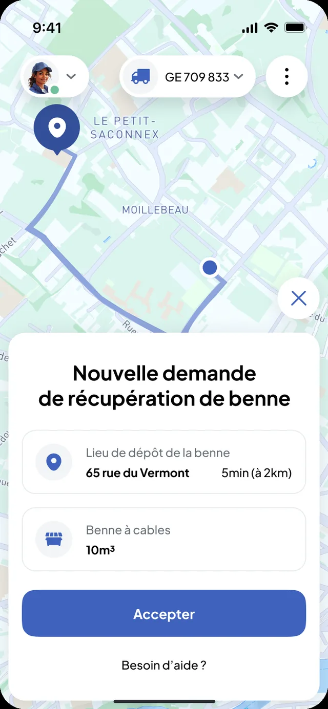 Nereva Transports driver app: new skip collection request to accept, with the drop-off location and the cable skip