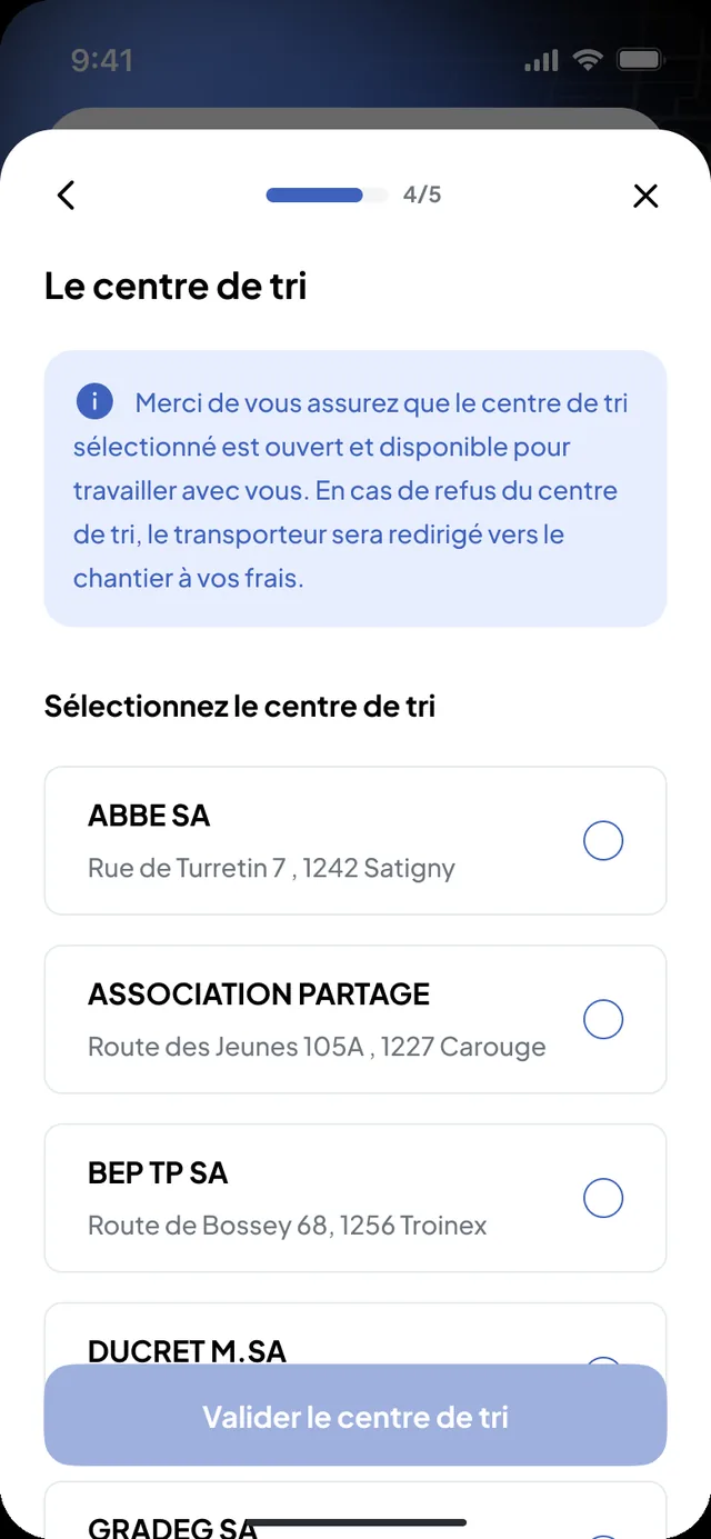 Nereva Mobile-App: Auswahl des Sortierzentrums für eine Anfrage