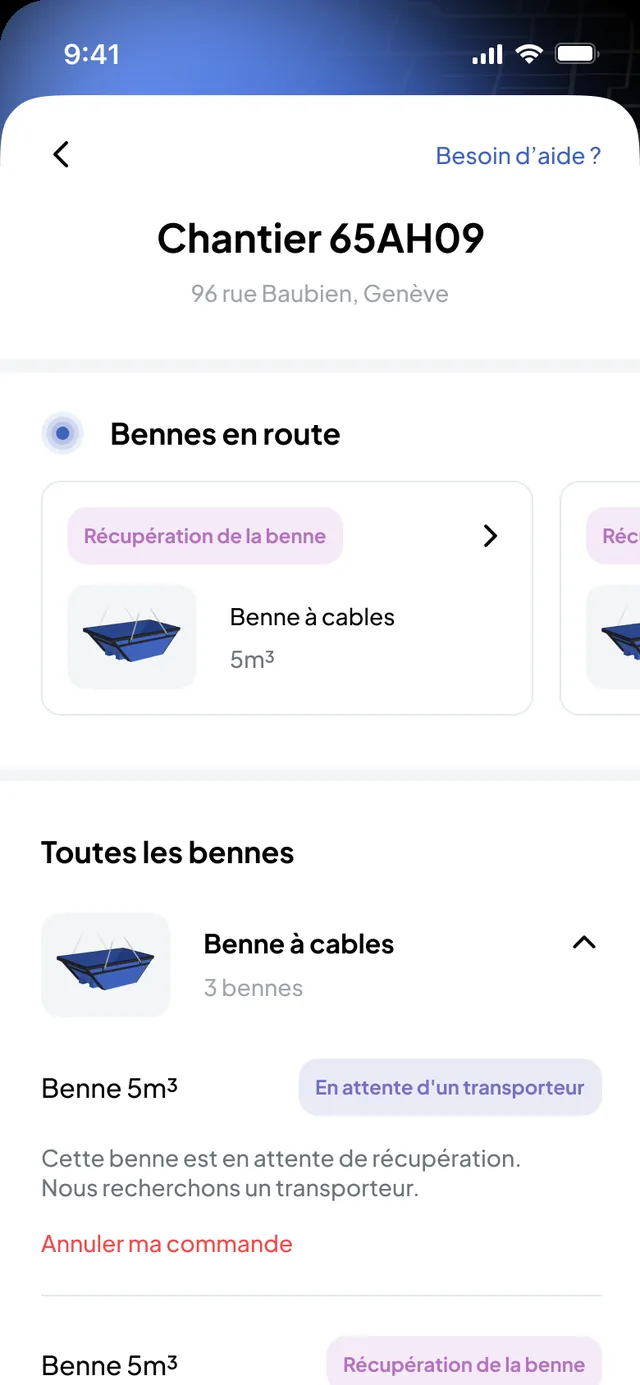 Nereva Commandes : la fiche d’un chantier avec la benne en route et toutes les bennes présentes, dont une en attente d’un transporteur