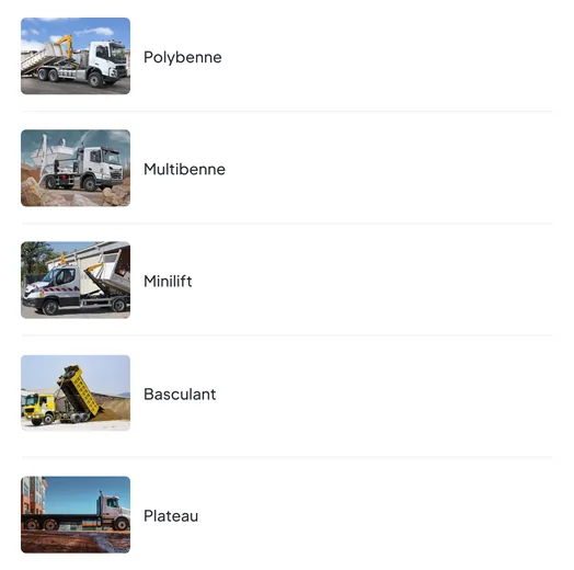 Nereva Transport back office, Trucks module: the fleet’s truck types with their photo, hook-lift, skip loader, mini-lift, tipper and flatbed
