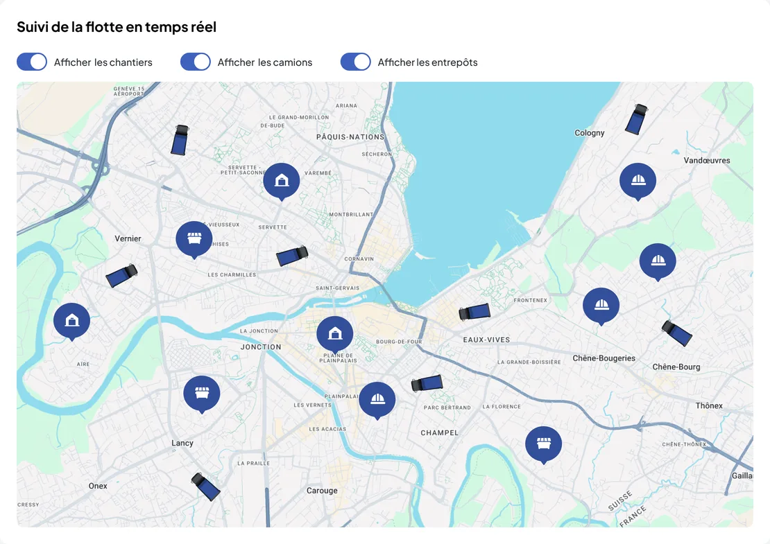 Nereva Transport back office: the real-time fleet tracking map, with trucks, sites and depots displayed