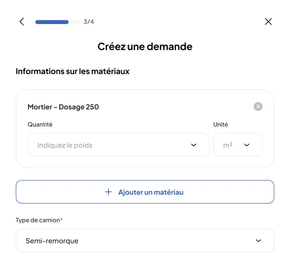 Back-office Construction Nereva, création d’une demande de livraison de matériaux : le matériau, sa quantité et son unité, et le type de camion
