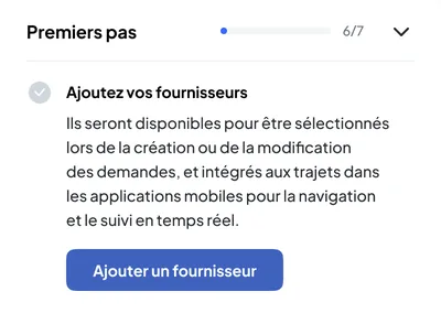 Back-office Transport Nereva, guide des premiers pas : « Ajoutez vos fournisseurs », disponibles à la création des demandes et intégrés aux trajets de l’application mobile