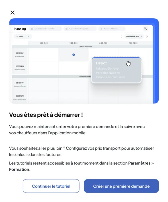 Nereva Transport-Back-Office, Leitfaden: «Sie können starten!», Vorschau von Planung und Chauffeur-App, eine erste Anfrage erstellen