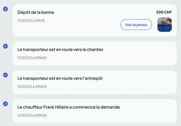 Back-office Construction Nereva : les étapes horodatées d’un dépôt de benne, avec la photo de preuve, le transporteur en route et le début de la demande (données fictives)