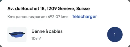 Nereva Construction back office, site card opened on the map: address, kilometres travelled over the year, 10 m³ cable skip on site (fictitious data)