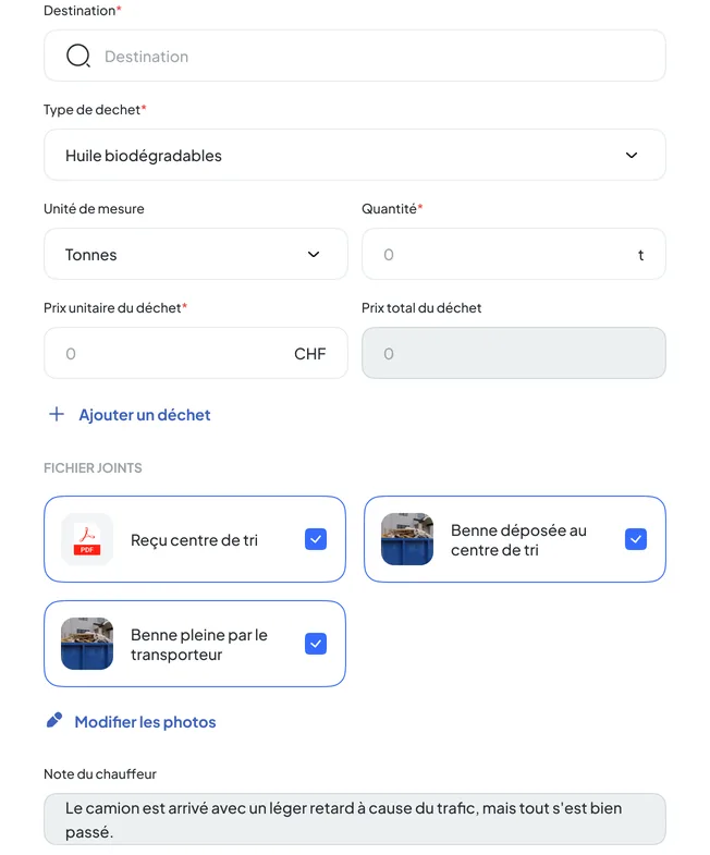 Back-office Transport Nereva : la gestion du déchet d’une demande, unité de mesure et quantité, et les fichiers joints, reçu du centre de tri et photos de la benne (données fictives)