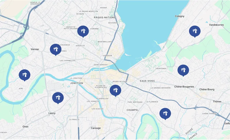 Back-office Construction Nereva : la carte des chantiers en cours d’une entreprise, avec un repère par chantier