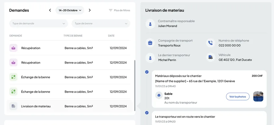 Back-office Construction Nereva : la liste des demandes d’un chantier, récupérations, échanges de benne et livraison de matériaux, avec le type de benne
