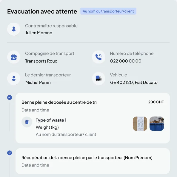 Nereva Construction back office: the details of a removal with waiting, site foreman, transport company, last carrier and steps: full skip dropped at the sorting centre with waste type and weight, skip picked up by the carrier