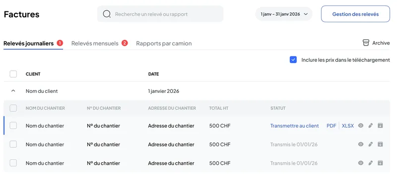 Back-office Transport Nereva: das Modul Rechnungen mit den Tagesabrechnungen eines Kunden, pro Baustelle