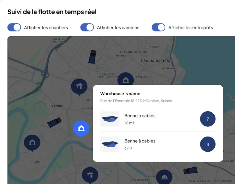 Back-office Transport Nereva: die Karte der Flottenverfolgung mit dem Infofenster eines Lagers und seinen 10-m³- und 6-m³-Kabelmulden auf Lager