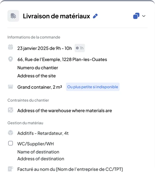 Nereva Construction back office: a materials delivery request, with the material type, the quantity, the time slot and the site (fictitious data)