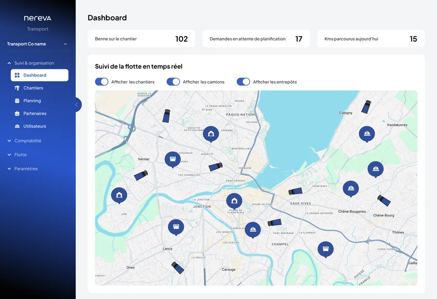 Back-office Transport Nereva : la carte de suivi de la flotte en temps réel du tableau de bord, avec les chantiers, les camions et les entrepôts