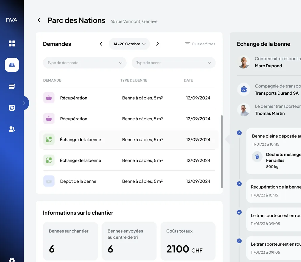 Nereva Back-office Construction: the Parc des Nations site record with its requests, its skips on site and the activity of a skip exchange, photos and carrier