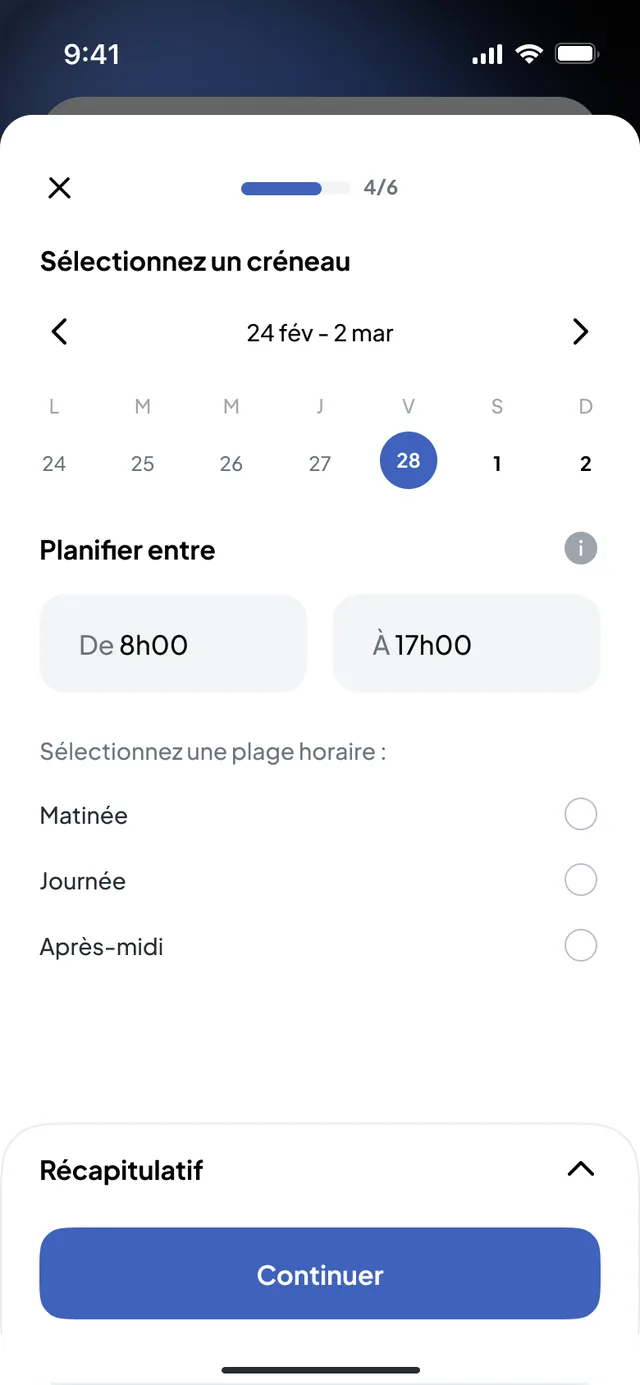 Nereva Commandes: choosing the time slot of a request, calendar, 8:00 to 17:00 window, morning, day or afternoon