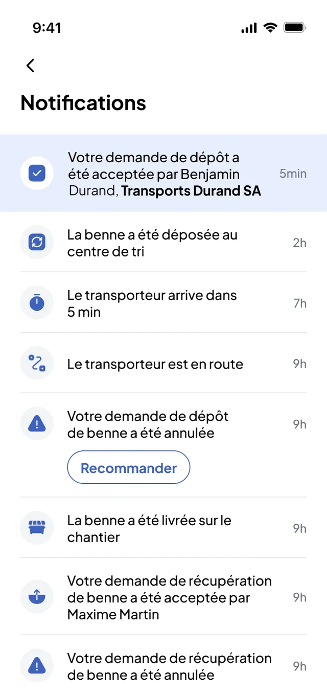 Nereva Commandes: site notifications, request accepted by the carrier, skip dropped at the sorting centre, carrier on the way, arriving in 5 minutes
