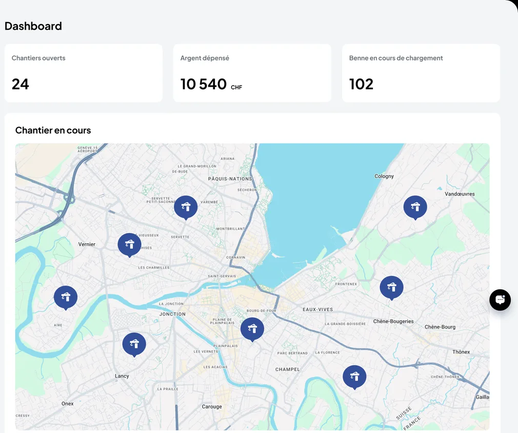 Nereva Construction back office dashboard: open sites, money spent, skips being loaded and the map of sites in progress on the map of Geneva