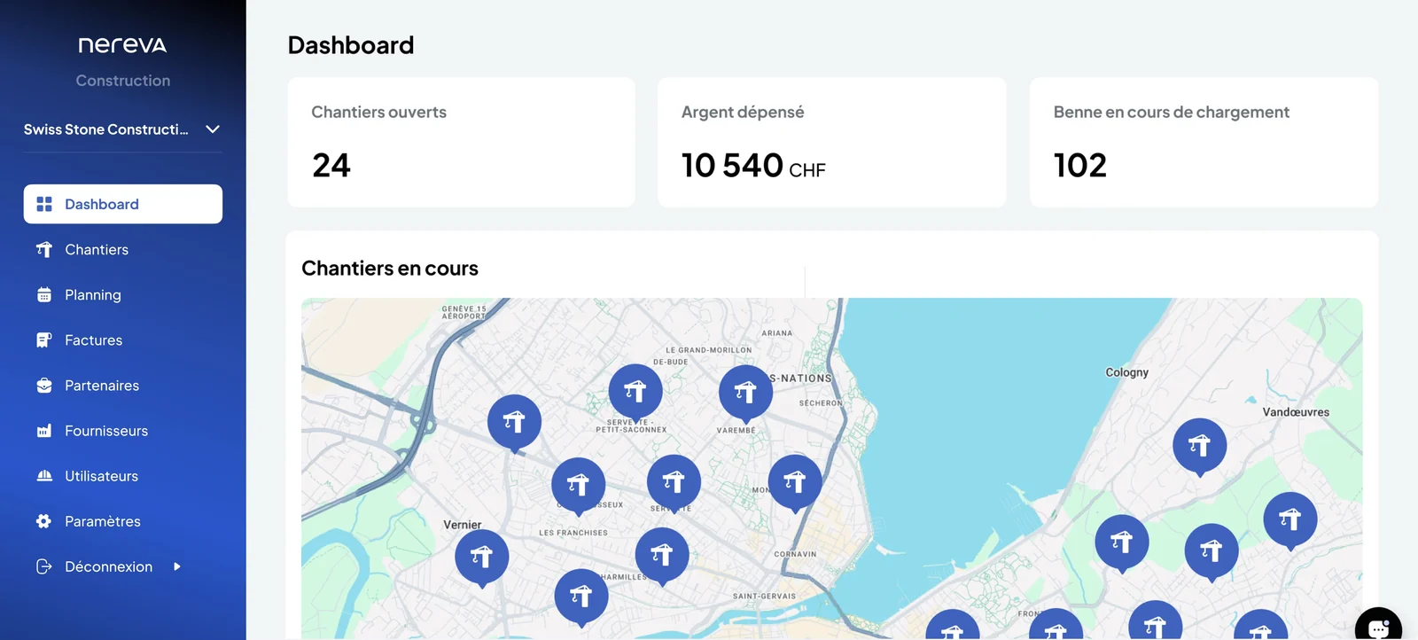 Dashboard construction : la carte des chantiers actifs et leurs indicateurs