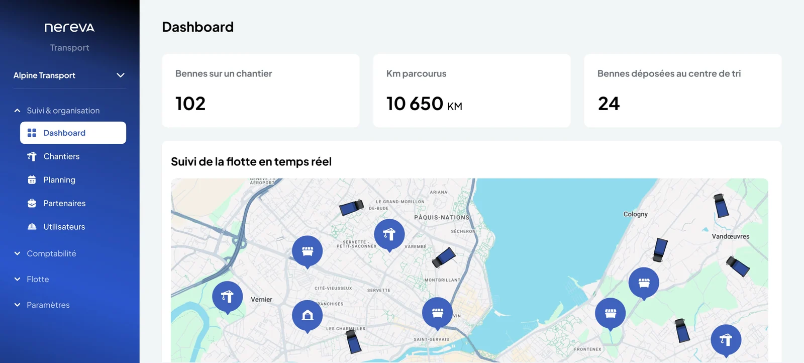 Tableau de bord transport : suivi de la flotte en temps réel sur la carte