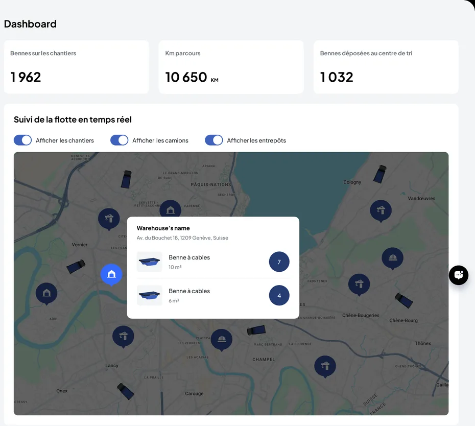 Transport-Dashboard mit Überwachung des Muldenparks und der Depots