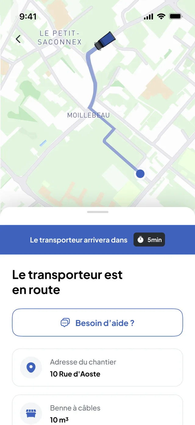 Nereva Commandes: Der Transporteur ist unterwegs, Ankunft in 5 Minuten, Adresse der Baustelle und Kabelmulde 10 m³
