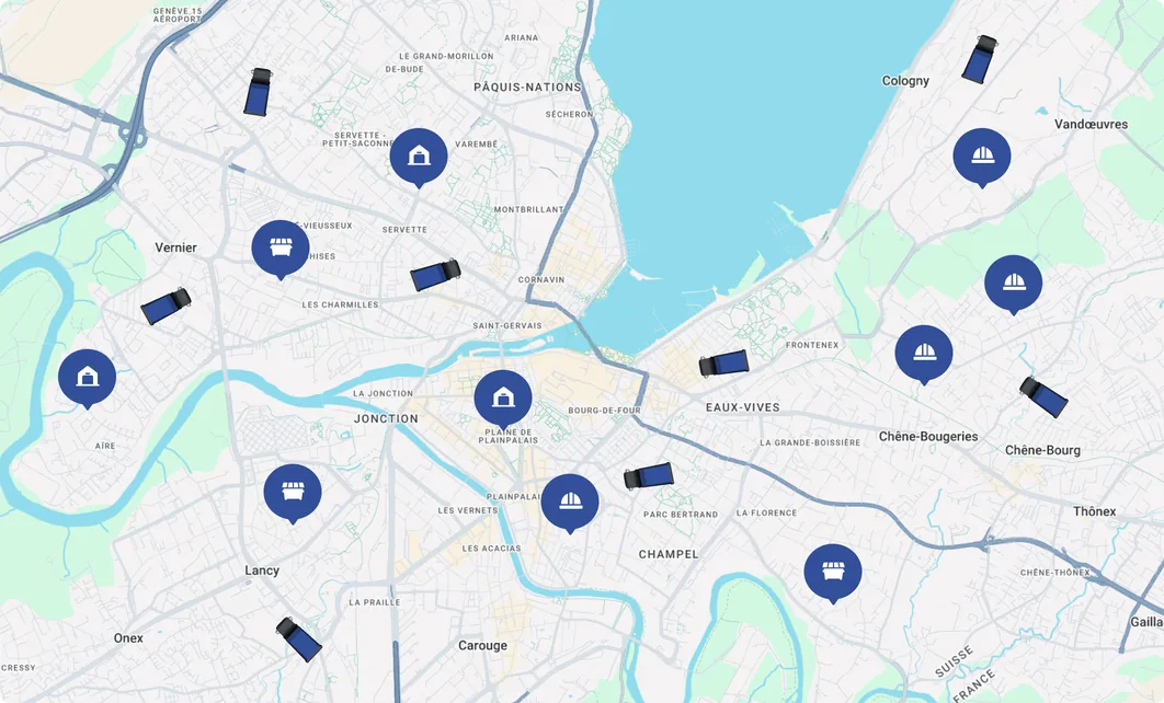 Karte des Back-Office Transport von Nereva: Lastwagen im Einsatz, Baustellen und Depots auf der Karte, mit den Filtern Baustellen, Lastwagen und Depots