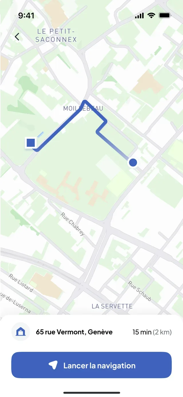 Route zur Baustelle in Nereva Transports: 15 Minuten, 2 Kilometer, Schaltfläche Navigation starten