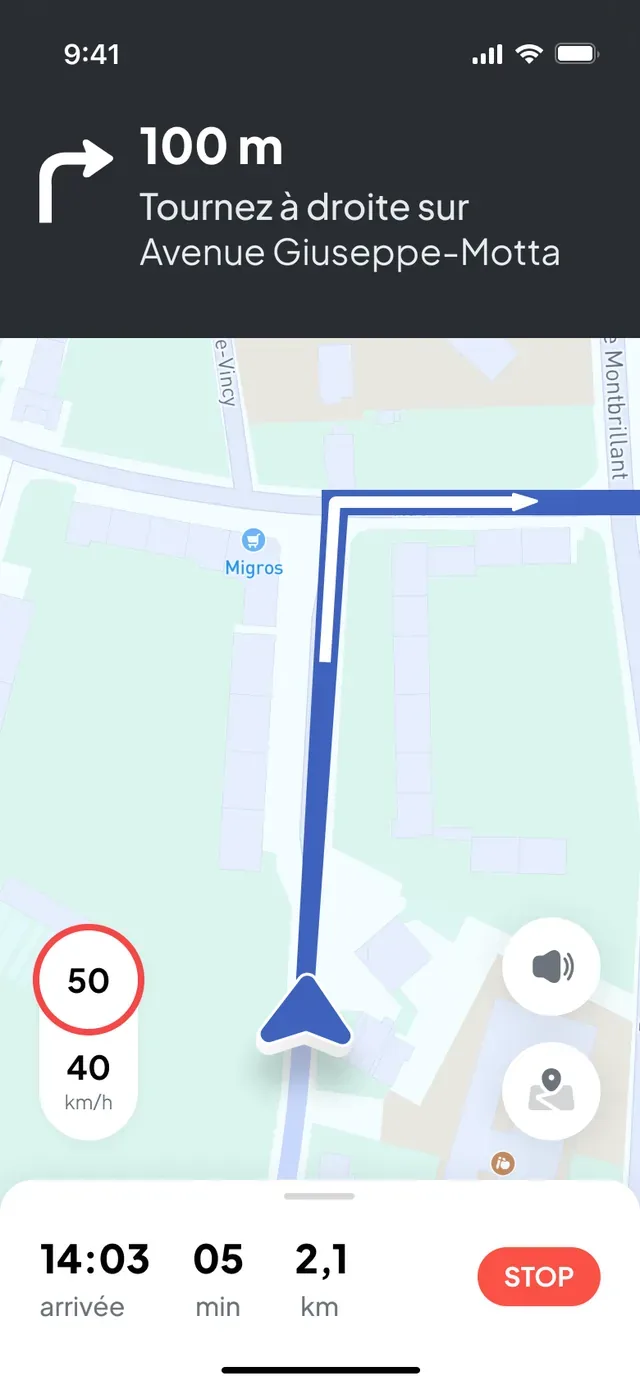 Nereva Transports: truck navigation in progress, next manoeuvre in 100 m, speed, arrival time and remaining distance