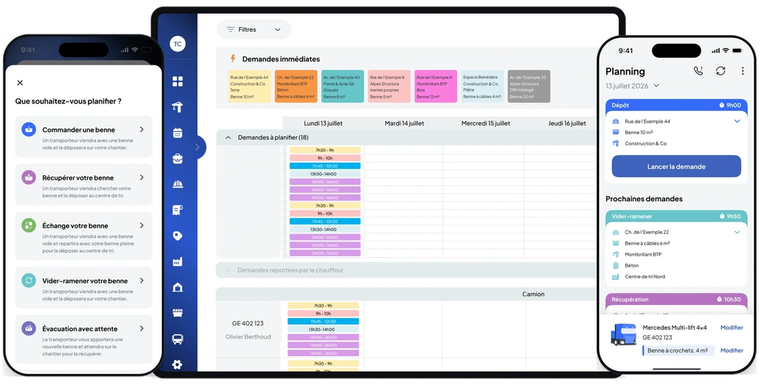 Nereva : l’application Nereva Commandes du chantier (« Que souhaitez-vous planifier ? »), le planning du back-office Transport et l’application Nereva Transports du chauffeur
