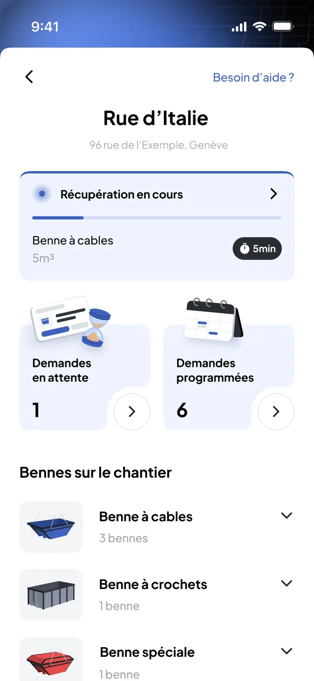 Baustellen-App Nereva Commandes: Mulden auf der Baustelle nach Typ und laufende Anfragen