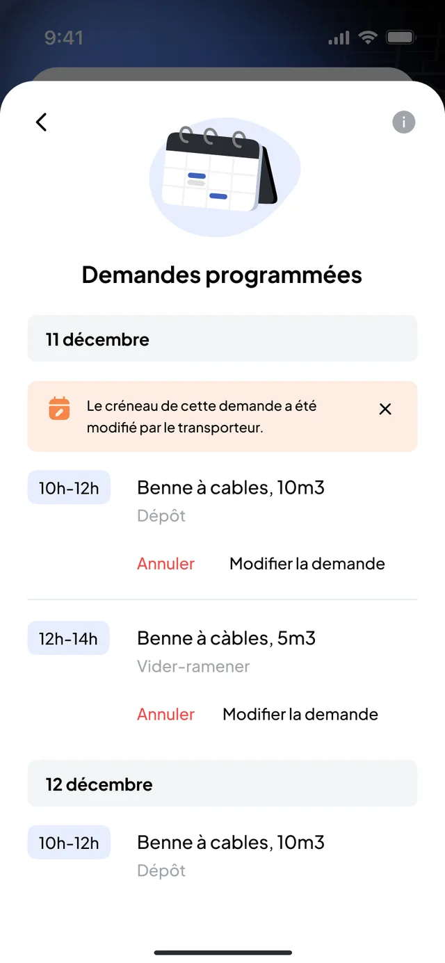 Nereva Commandes : les demandes programmées d’un chantier, avec le créneau, le type de benne et les boutons Annuler et Modifier la demande