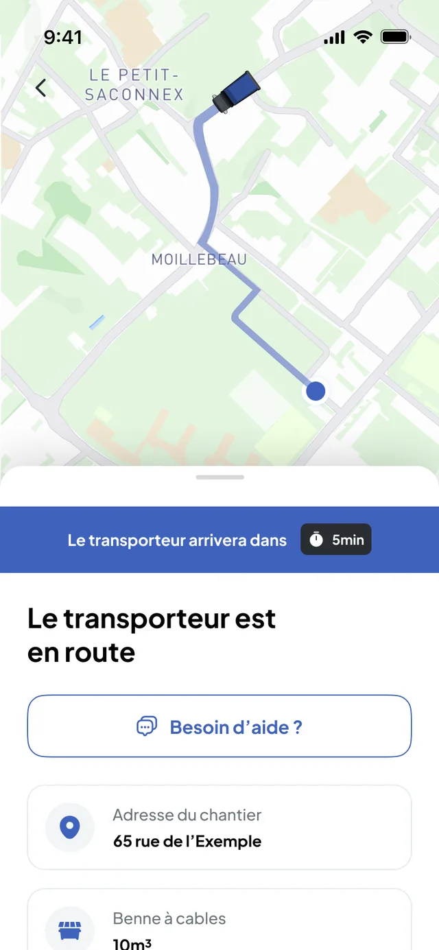 Baustellen-App Nereva Commandes: der Transporteur unterwegs zur Abholung der 10-m³-Kabelmulde, mit Baustellenadresse, Abfalltyp und Foto der Mulde