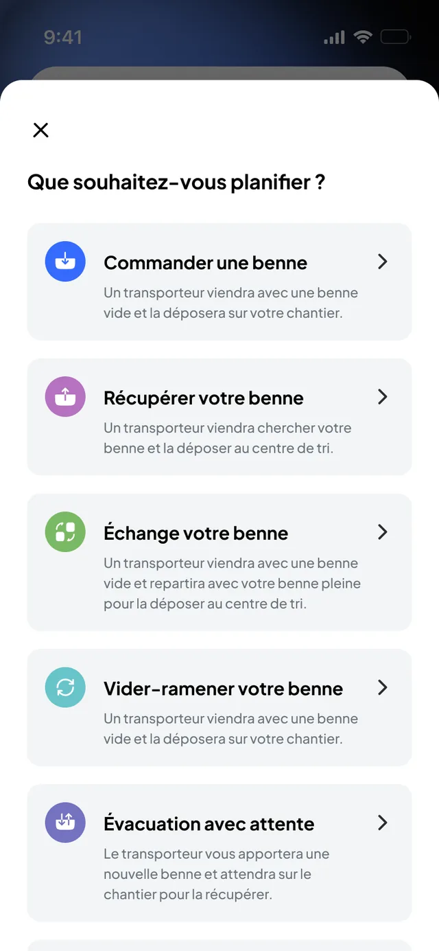 Baustellen-App Nereva Commandes: Wahl der Art der Muldenanfrage