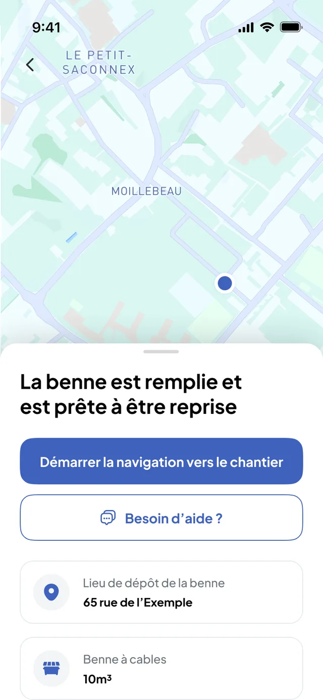 Nereva Transports: Die Mulde ist voll und abholbereit, Navigation zur Baustelle, Absetzort rue de l’Exemple, Absetzmulde 10 m³