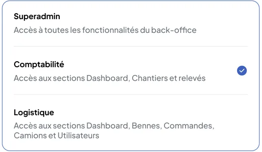 Back-Office Construction Nereva, Wahl des Zugriffstyps eines Verwalters: Superadmin (alle Funktionen), Buchhaltung (Dashboard, Baustellen und Abrechnungen), Logistik (Dashboard, Mulden, Bestellungen, Lastwagen und Benutzer)
