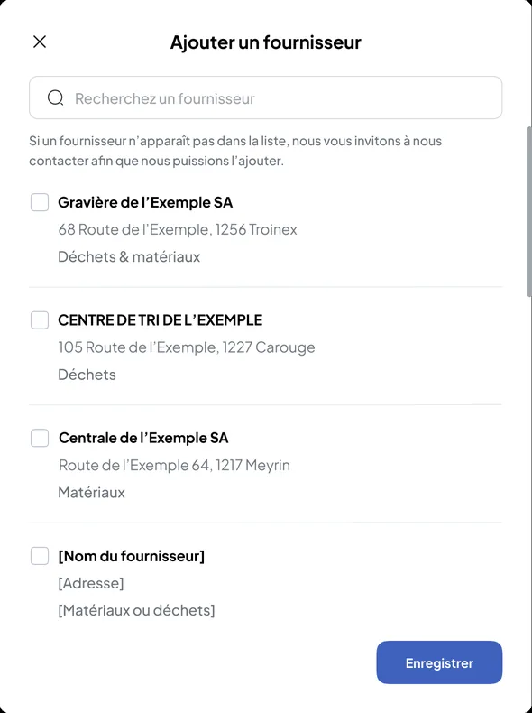 Back-office Construction Nereva, fenêtre « Ajouter un fournisseur » : recherche dans la liste de référence, trois fournisseurs fictifs avec leur adresse et leur nature (déchets et matériaux, déchets, matériaux)