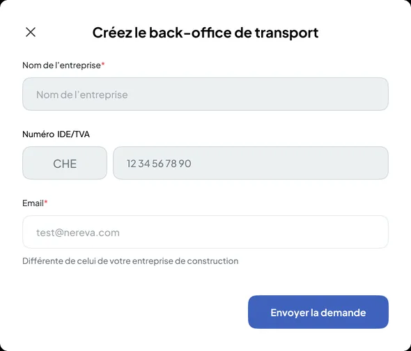 Back-Office Construction Nereva, Fenster «Erstellen Sie das Transport-Back-Office»: Firmenname, UID/MWST-Nummer, vom Bauunternehmen verschiedene E-Mail-Adresse, Schaltfläche «Anfrage senden»