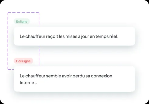 Back-Office Transport Nereva, Planung: Status «Online: Der Chauffeur erhält die Aktualisierungen in Echtzeit» und «Offline: Der Chauffeur scheint seine Internetverbindung verloren zu haben»
