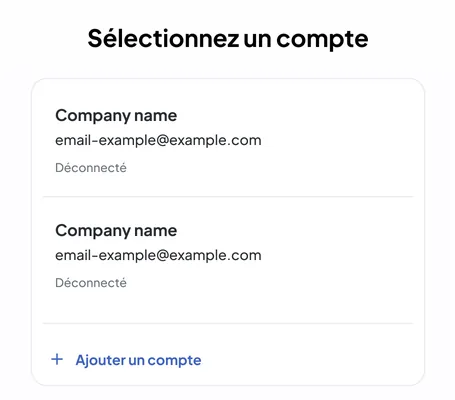 Écran de connexion du back-office Nereva : « Sélectionnez un compte », deux comptes entreprise et le bouton « Ajouter un compte »